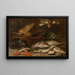 Pescados, crustáceos, aves de corral, verduras y un gato - Alexander Adriaenssen — cuadro enmarcado en la pared
