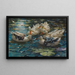 Cinq canards colorés dans l'eau bleue des nénuphars - Alexander Koester — framed artwork on a wall