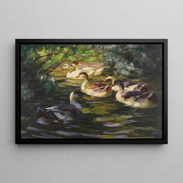 Six ducks on the water under riverside bushes - Alexander Koester — framed artwork on a wall