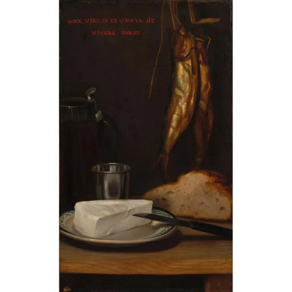 naturaleza muerta con arenque, pan y queso - Alexandre-Gabriel Decamps — cuadro enmarcado en la pared
