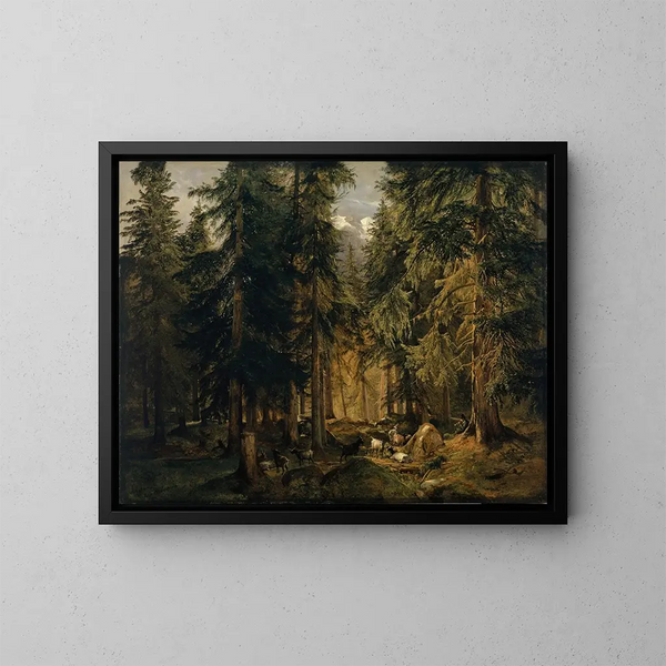 Forest in the High Mountains with a Herd of Goats - Alexandre Calame — framed artwork on a wall