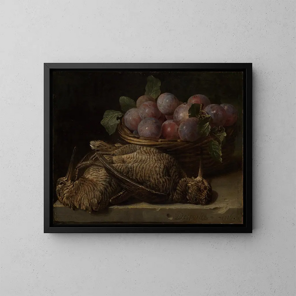 Still life with plums and two bustards on a stone table - Alexandre François Desportes — framed artwork on a wall