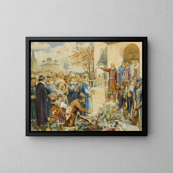 la llamada de Minin a Nizhny Novgorod en 1611 - Alexei Danilovich Kivshenko — cuadro enmarcado en la pared
