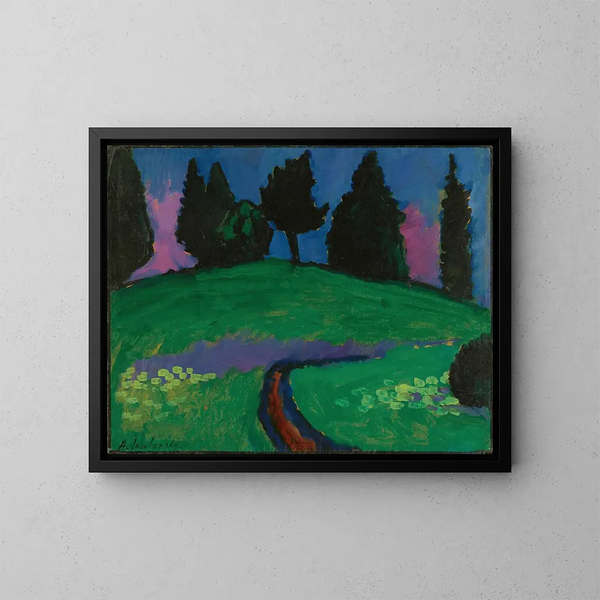 Árboles oscuros en una pendiente verde - Alexej von Jawlensky — cuadro enmarcado en la pared