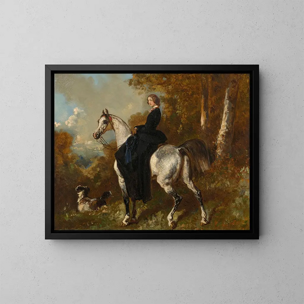 Amazon painting in black on a dapple gray horse - Alfred de Dreux — framed artwork on a wall