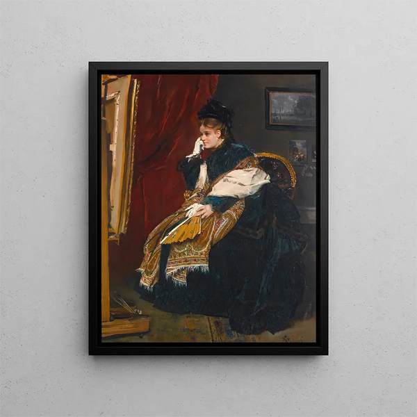 La mujer en verde en el taller - Alfred Stevens — cuadro enmarcado en la pared