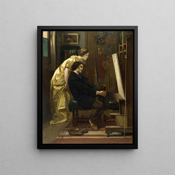 El pintor y su modelo - Alfred Stevens — cuadro enmarcado en la pared