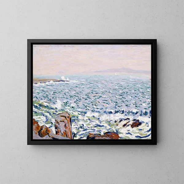 Surfing painting on Cranberry Island - Allen Tucker — framed artwork on a wall
