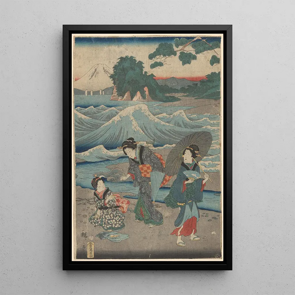 Tres mujeres y olas - Andō Hiroshige — cuadro enmarcado en la pared