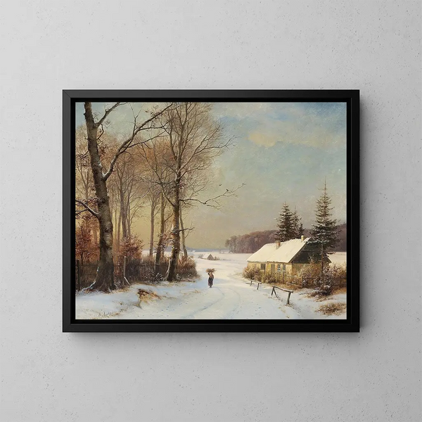 Paisaje de invierno con mujer en un camino frente a una casa - Anders Andersen-Lundby — cuadro enmarcado en la pared