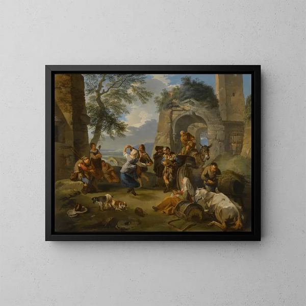 A landscape with peasants dancing and celebrating - Andrea Locatelli — framed artwork on a wall