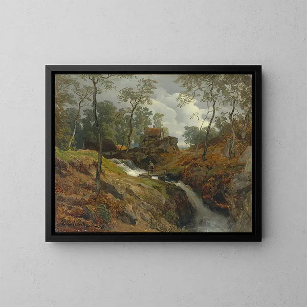 En la orilla del arroyo - Andreas Achenbach — cuadro enmarcado en la pared