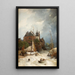 Beach near a town with old tower and rampart - Andreas Achenbach — framed artwork on a wall