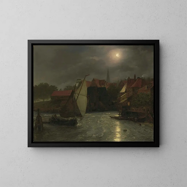 Bateaux sur un canal au clair de lune - Andreas Achenbach — cuadro enmarcado en la pared