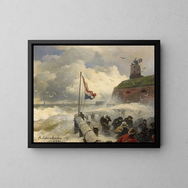 Tempestad sobre el rompeolas - Andreas Achenbach — cuadro enmarcado en la pared