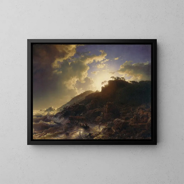 Atardecer después de una tormenta en la costa de Sicilia - Andreas Achenbach — cuadro enmarcado en la pared