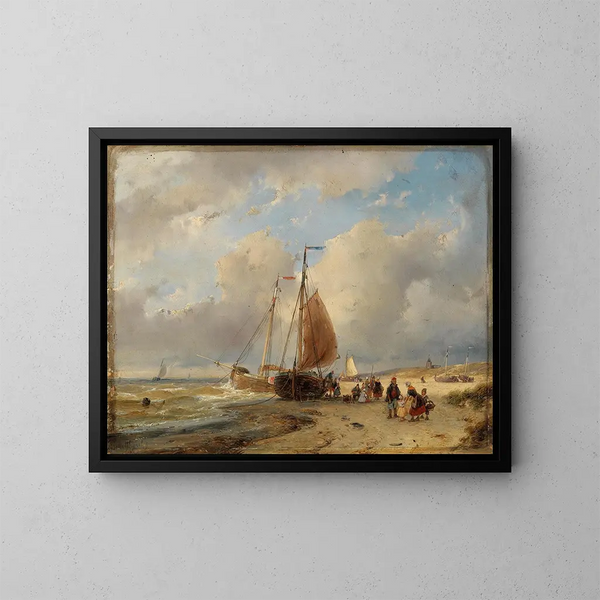 Una familia de pescadores en la playa - Andreas Schelfhout — cuadro enmarcado en la pared