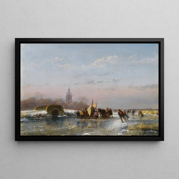 Andreas Schelfhout - A Frozen Waterway With Skaters By A Refreshment Stall.webp