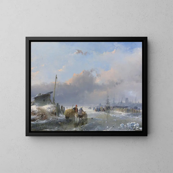 Una vista de Dordrecht en invierno - Andreas Schelfhout — cuadro enmarcado en la pared