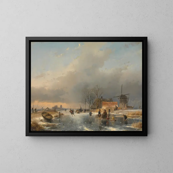 Un paisaje de invierno con un molino y casas cerca de un canal helado - Andreas Schelfhout — cuadro enmarcado en la pared