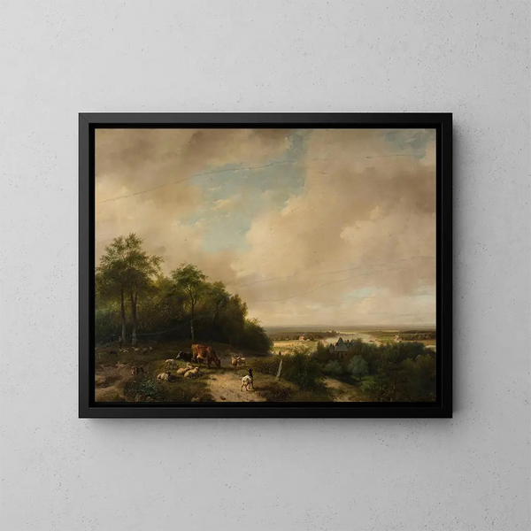 Paisaje con un rebaño junto al bosque - Andreas Schelfhout — cuadro enmarcado en la pared