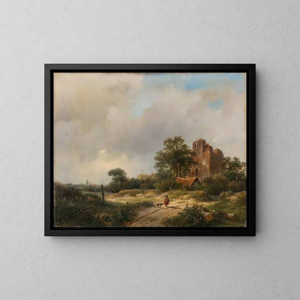 Paisaje con las ruinas del castillo de Brederode en Santpoort - Andreas Schelfhout — cuadro enmarcado en la pared