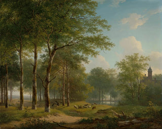Andreas Schelfhout - Shepherd resting on a country lane near a castle.webp