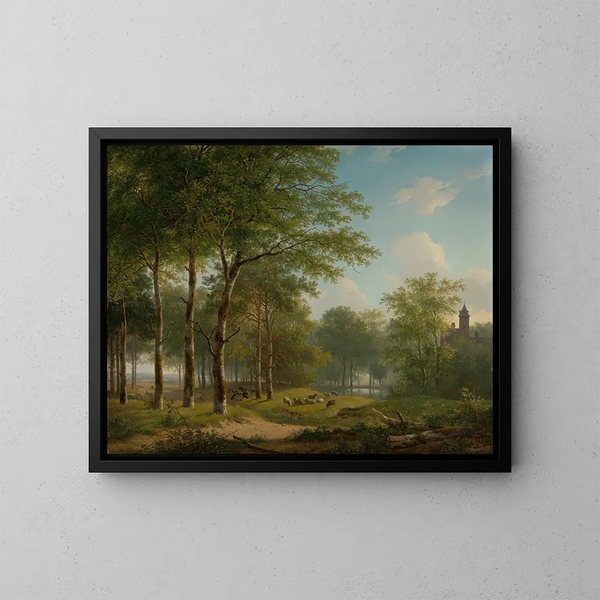 Bergère apoyada en un camino rural cerca de un castillo - Andreas Schelfhout — cuadro enmarcado en la pared