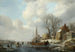 Winter landscape painting with figures near a boat on an icy waterway - Andreas Schelfhout — artwork view