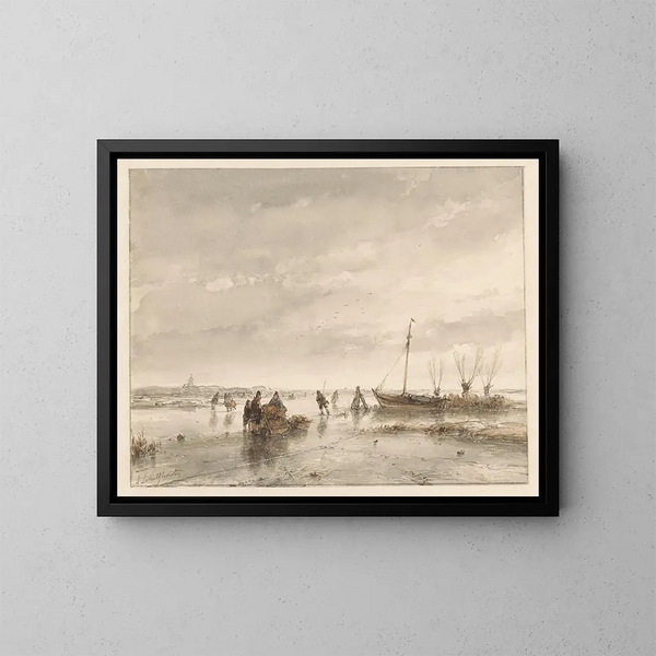 Paisaje de invierno con lago helado - Andreas Schelfhout — cuadro enmarcado en la pared