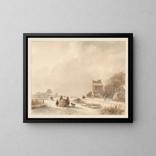 Paisaje de invierno con un trineo de heno y patinadores - Andreas Schelfhout — cuadro enmarcado en la pared