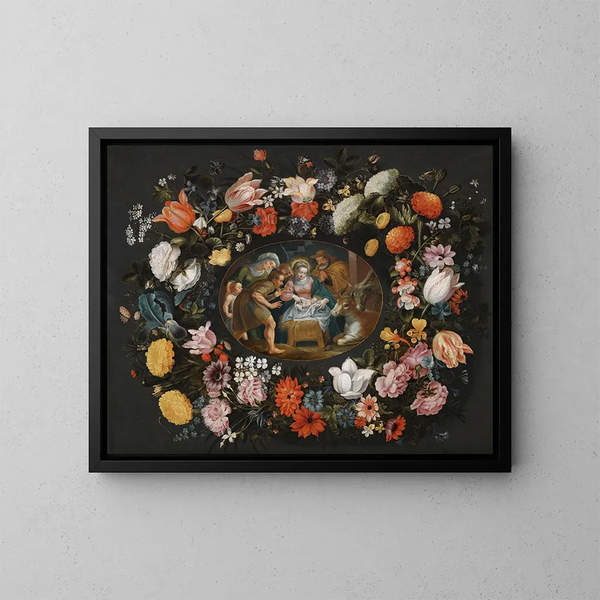 the Adoration of the Shepherds surrounded by a garland of flowers - Andries Snellinck — framed artwork on a wall