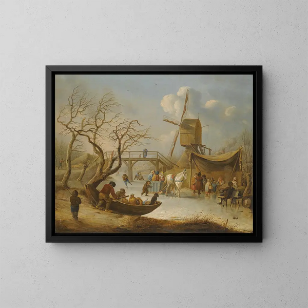Un paisaje de invierno con patinadores y un trineo de caballos cerca de un molino de viento - Andries Vermeulen — cuadro enmarcado en la pared