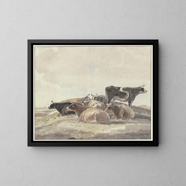 Sobre una colina, seis vacas acostadas y una vaca de pie - Andries Vermeulen — cuadro enmarcado en la pared