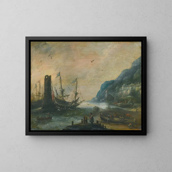 a Mediterranean coastal scene with a tower, ships, and figures on the beach - Andries van Eertvelt — framed artwork on a wall