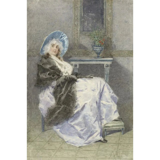 Angelo Achini - Zittende jonge vrouw met zwarte shawl en paarse rok.webp