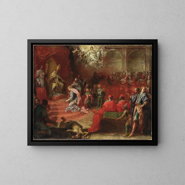 Alegoría de la sumisión de la reina Cristina a la Iglesia católica y al papa Alejandro VII - Angelo Trevisani — cuadro enmarcado en la pared