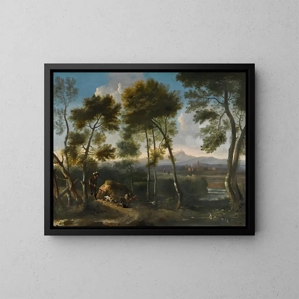 Paisaje en cursiva con cazadores disparando a patos - Angeluccio — cuadro enmarcado en la pared