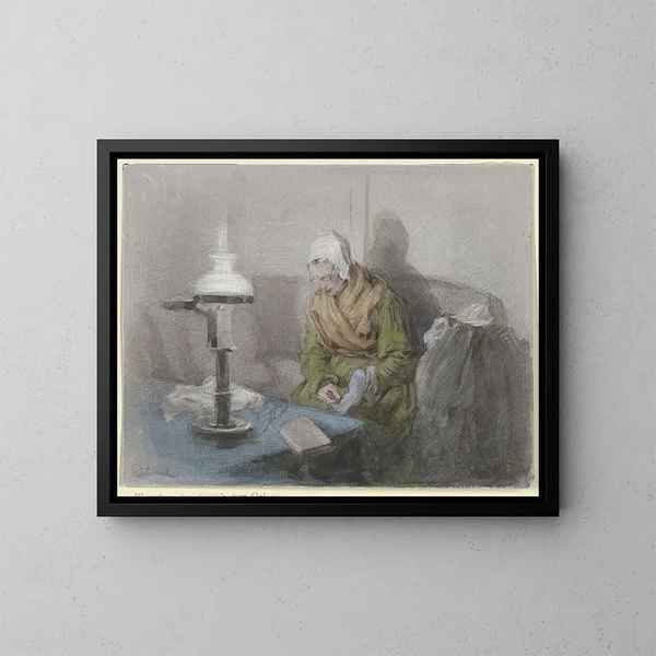 Vieja mujer a la luz de las lámparas - Angilbert Göbel — cuadro enmarcado en la pared