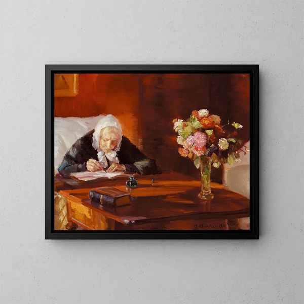 Ane Hedvig Brndum sentada en su escritorio en la sala roja - Anna Ancher — cuadro enmarcado en la pared