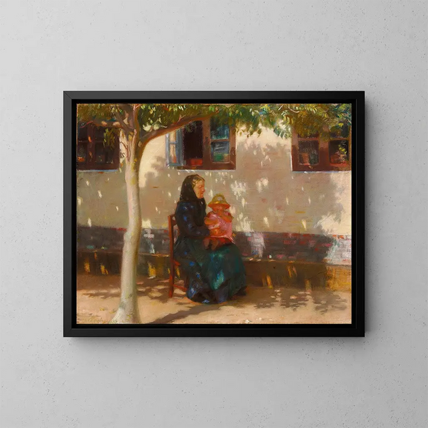 Woman of Skagen with little Helga Ancher in front of a lime-washed house under the sun - Anna Ancher — framed artwork on a wall