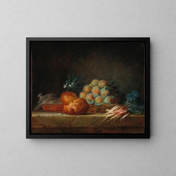 naturaleza muerta con brioche, frutas y verduras - Anne Vallayer-Coster — cuadro enmarcado en la pared