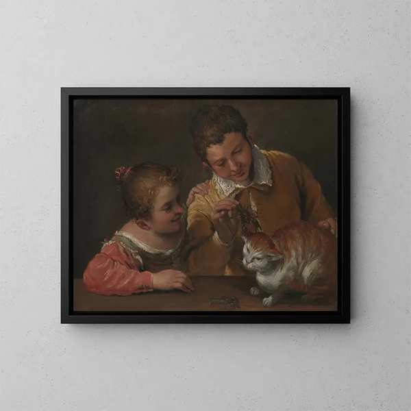 Dos niños molestando a un gato - Annibale Carracci — cuadro enmarcado en la pared