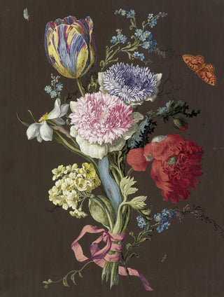 Anonymous - Blumengebinde aus Anemonen Anemona Tulpe Tulipa MohnPapaver Narzisse Narcissus und Aurikel Primula auricula mit braunem Schmetterling.webp
