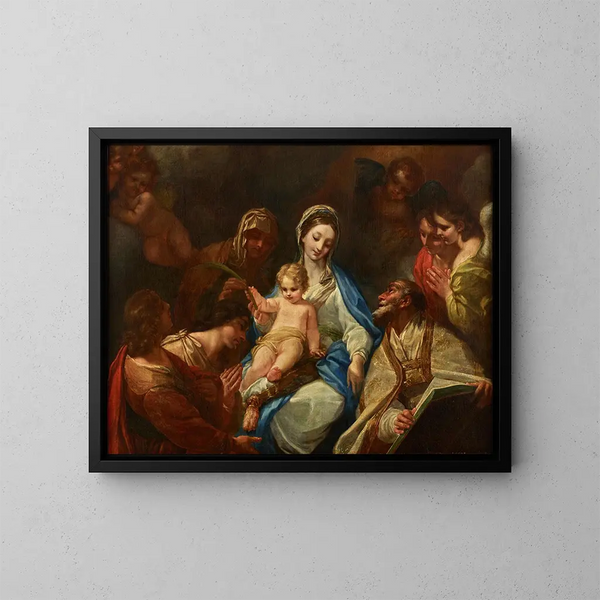 la Virgen con el Niño, santos y ángeles - Anónimo — cuadro enmarcado en la pared