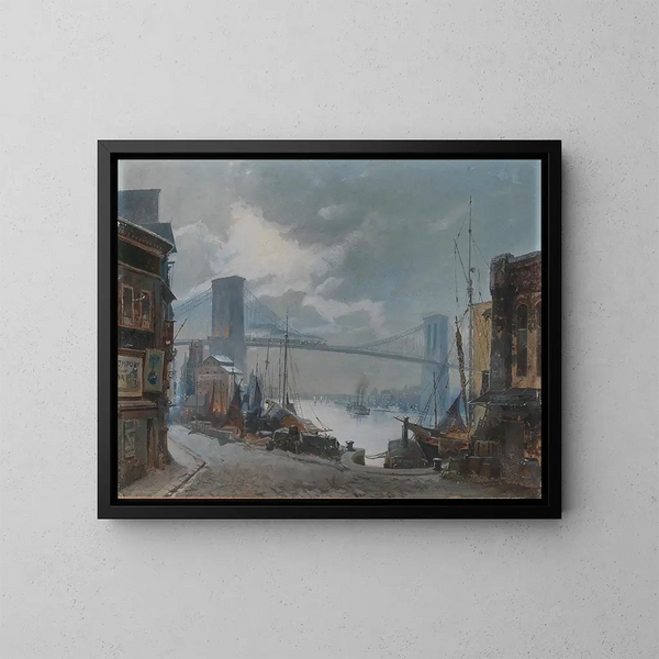 la vista de la escena neoyorquina del puente de Brooklyn, abierta en 1883, con South Street en primer plano - Anónimo — cuadro enmarcado en la pared