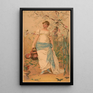 Anonymous - Woman in white dress with blue sash standing holding a watering can.webp