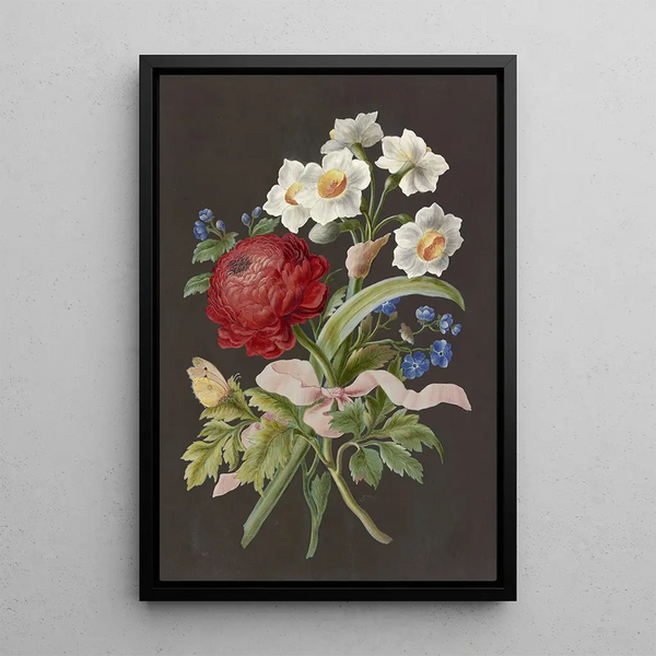 Reproducción del cuadro de arreglo floral con ranúnculo rojo, narciso blanco y flor azul con espolón - Anónimo
