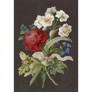Anonymous - lumengebinde mit roter Ranunkel Ranunculus weier Tazette Narcissus tazetta und blauer Blume mit Postillon.webp