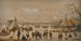 Figures skating and riding in carriages on a frozen lake with a tent and a city in the distance - Anthonie Verstraelen — artwork view